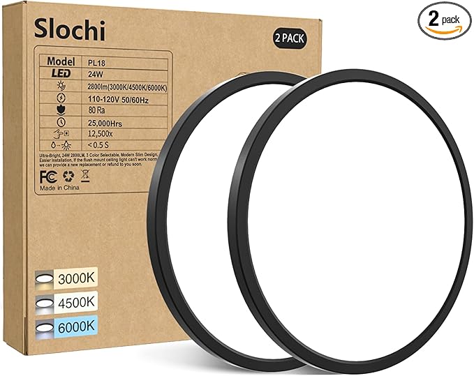 slochi 2PACK LED Flush Mount Ceiling Light Fixture Black, 9Inch 24Watt, 5000K Daylight Light, Ultra Slim Flush Mount Ceiling Lamp for Living Room, Dining Room, Hallway,NOT-DIMMABLE