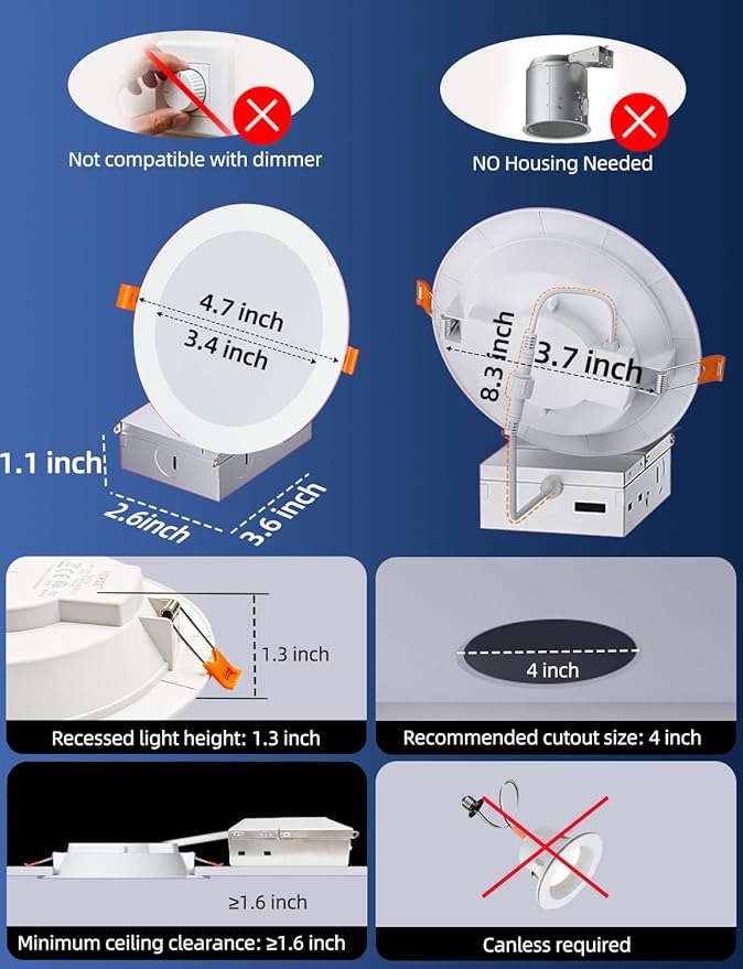HEKEE LED Reccessed Downlights, Color Changing, 4 Inch, Recessed Ceiling Lights (6 Packs)