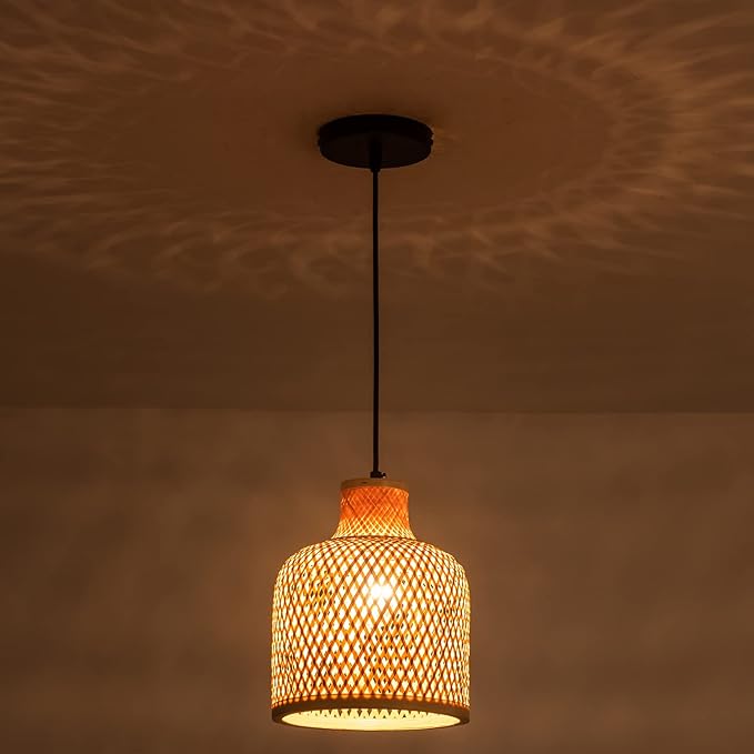 Modern Bamboo Woven Pendant Light, 2 Pack 7.8" Dome Coastal Bamboo Wicker Dome Pendant Lighting Fixture for Kitchen Dining Room Living Room Foyer