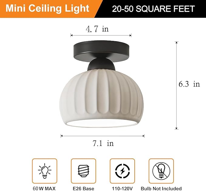 Semi Flush Mount Ceramic Ceiling Light，Easy to Install Hallway Farmhouse Light，Small Ceiling Light for Bedroom，Dining Room，Kitchen，Entryway Porch Foyer，with E26 Base