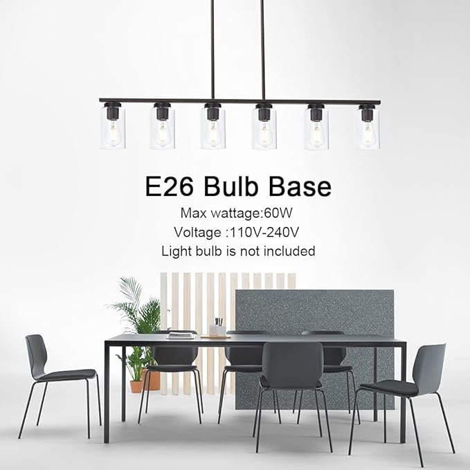 TODOLUZ 6-Light Kitchen Island Lighting Fixtures, Clear Glass Farmhouse Pendant Lights Hanging Chandelier in Oil Rubbed Bronze for Dining Room Table Cafe Bar