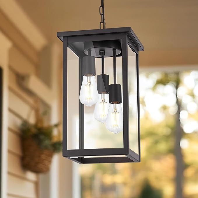 Yaohong Outdoor Pendant Light Fixture, 3-Light Vintage Oil Rubbed Bronze Farmhouse Exterior Hanging Lights with Clear Glass and Adjustable Chain, Outdoor Hanging Lantern for Porch Entrance Foyer Front