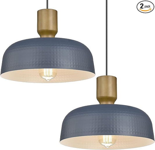 Farmhouse Pendant Lights, 2pcs Adjustable Hanging Light Fixtures with Hammered Metal Shade, 18.1 inch Pendant Lighting for Kitchen Island, Dark Blue