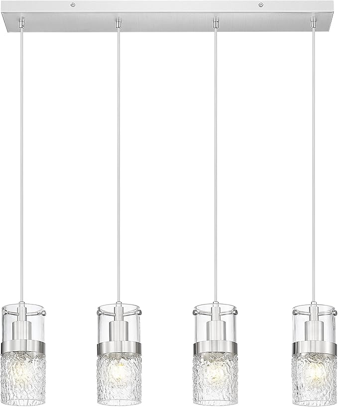 LMS 4-LightIsland Lighting, Brushed Nickel Kitchen Island Light Fixture, Farmhouse Linear Chandeliers for Dining Room Over Table Pendant Light with Hammered Glass for Living Room, LMS-171BN4L