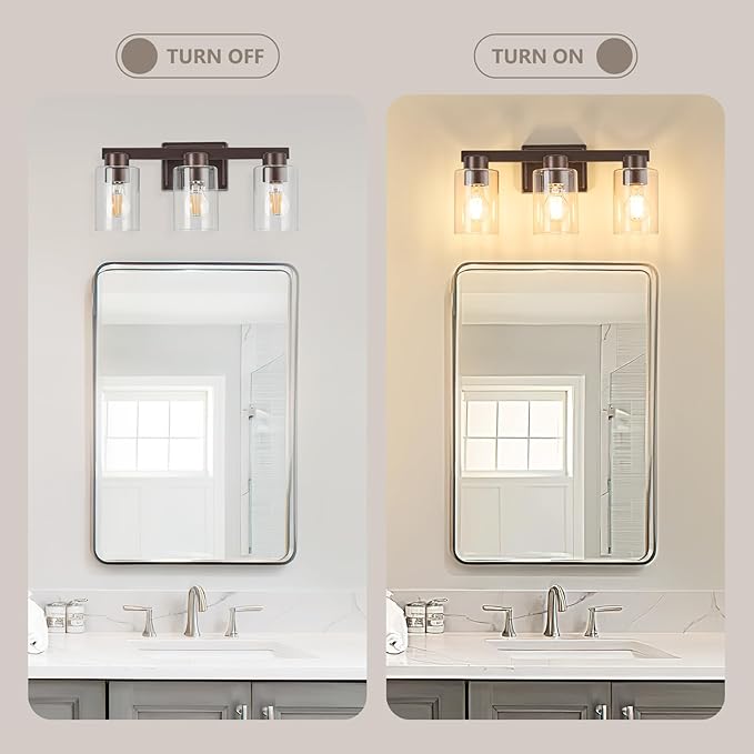 3-Light Bathroom Light Fixtures Modern Vanity Lights with Clear Glass Shade Oil Rubbed Bronze Wall Sconces Over Mirror for Bathroom,Powder Room, Living Room