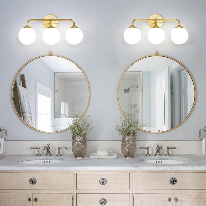 Modern Brushed Gold 3-Lights Vanity Light Fixtures with Milky White Glass Ball Shades, Mid Century Brass Wall Sconce Lighting Fixtures over Mirror, Wall Sconces for Bathroom Dressing Table Bedroom