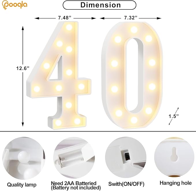 Pooqla 40th Birthday Decorations for Women Men, Large 12.6 in Tall Light Up Numbers for Party Decorations Table Decor, Big Marquee Numbers 40th Birthday Gift for Women Men Wedding Anniversary Decor