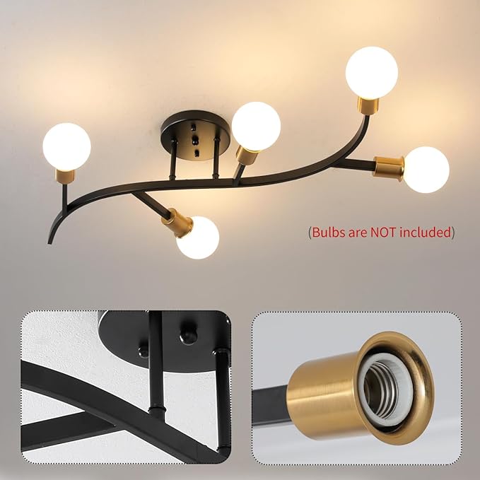 Black and Gold Modern Sputnik Ceiling Light Fixture 5-Lights,Mid Centur Minimalist Semi Flush Mount sputnik Chandelier for Living Room,Dining Room,Bedroom,Hallway,Kitchen(Bulbs Not Included)