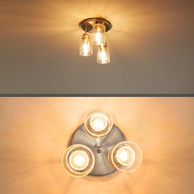 hykolity 3-Light Semi Flush Mount Ceiling Light, 9 Inch Brush Nickel Close to Ceiling Light Fixtures with Seeded Glass Shades, Modern Ceiling Lighting for Kitchen, Bedroom, Entryway, ETL Listed