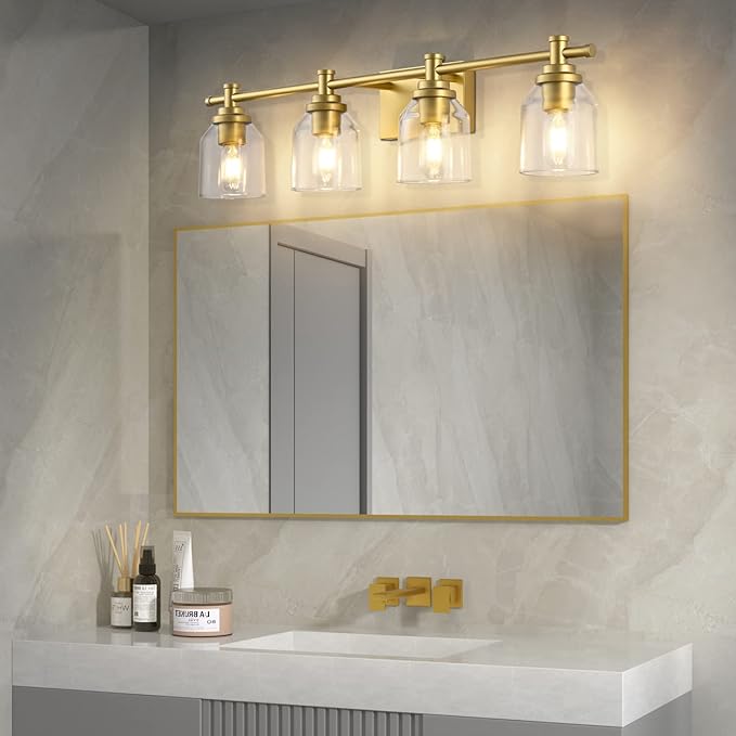SOLFART Bathroom Lighting Fixtures Over Mirror Wall Sconce Gold Vanity Light Fixtures 4 Lights Bathroom Light