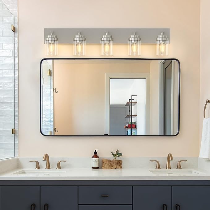 IZORRO Bathroom Vanity Light Fixture, 5-Light 36 Inch Brushed Nickel Bathroom Light Fixtures Over Mirror, with Clear Glass Shade, Modern Farmhouse Vanity Lights, Rustic Restroom Lighting Fixtures