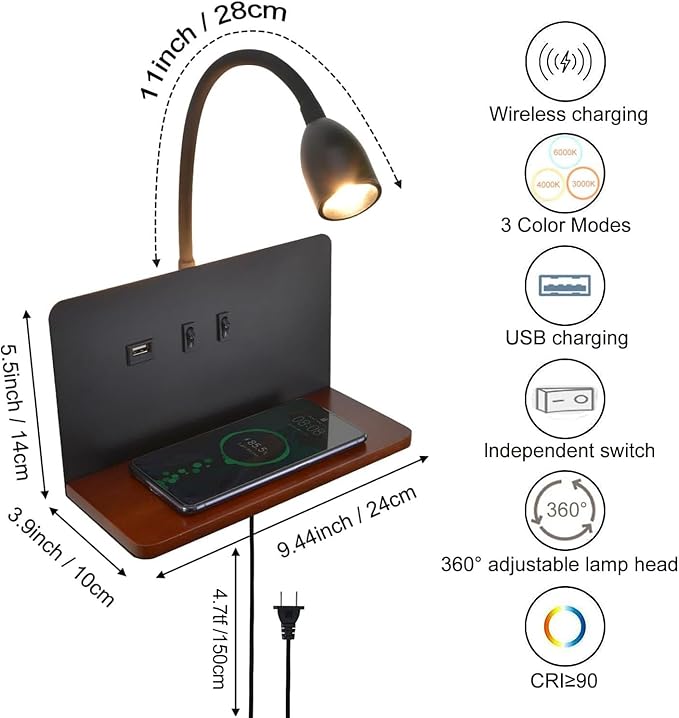 Bedside Wall Sconces with Wireless Charging Station & USB Charging, 3 Adjustable Color Temperatures LED Reading Light, 3000K Warm Ambient lighting Wall Mounted Sconce for Bedroom, Plug-in or Hardwired
