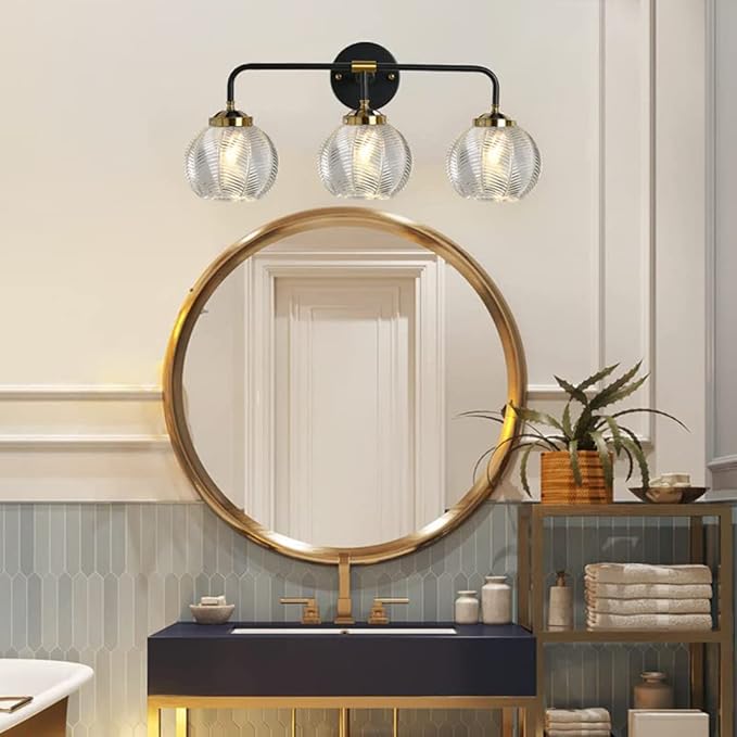 Bathroom Vanity Light fixtures 3 Light Glass Globe Wall Sconce Lights Black Wall Mount Light with Clear Glass Shade, Mid Century Modern Wall Sconce for Over Mirror Bedroom Hallway (3-Lights)