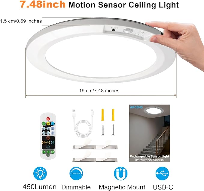 Rechargeable Motion Sensor Ceiling Light, 7.5" Ultra-Thin 8000mAh Battery, 450 LM, 5 Color Temps, Dimmable with Timer & Remote, Magnetic Stick-On/Screw Mount for Closet, Hallway, Pantry, 1-Pack