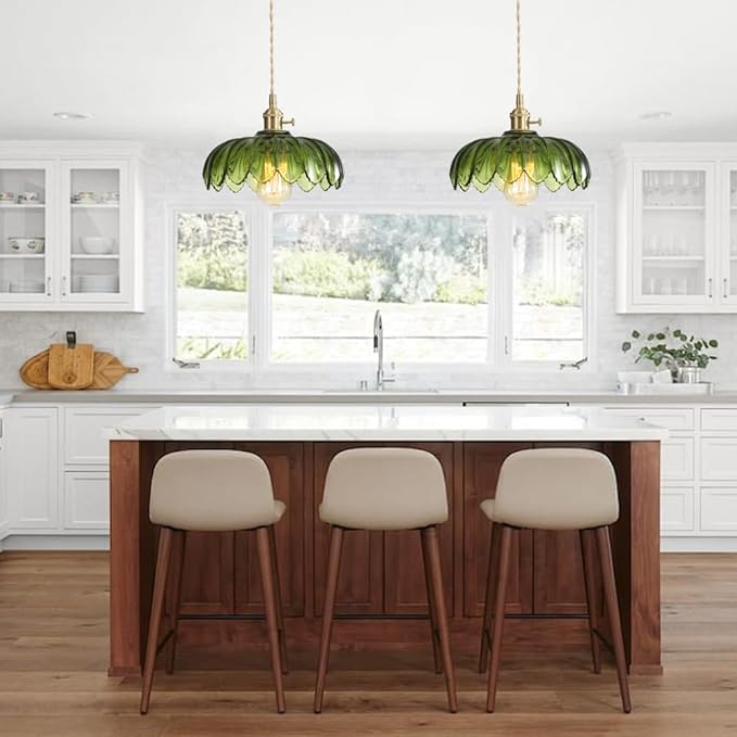 Plug in Pendant Light with Green Glass Lamp Shade Brass Vintage Hanging Light Fixture Adjustable Chandelier for Kitchen Island Dining Room Bedroom Living Room Hallway (Green)
