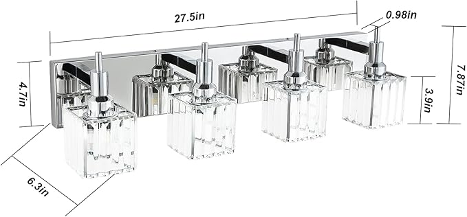 Modern Crystal Bathroom Vanity Light 4-Light Wall Light Fixtures Over Mirror Chrome Vanity Lighting for Bathroom Square Shade Wall Sconce