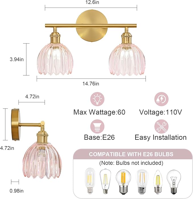 Gold Bathroom Light Fixtures Over Mirror, 2 Light Bathroom Vanity Light Fixture with Tulip Pink Glass Lampshade, Vintage Vanity Lights for Bathroom, Bathroom Vanity Lights Over Mirror