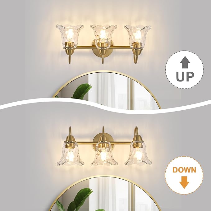 Bathroom Light Fixtures Over Mirror, 3 Lights Vintage Wall Sconces with Hammered Glass Shade, 19.3" Gold Bathroom Wall Light Fixtures for Bedroom, Porch, Hotel, Mirror Cabinet