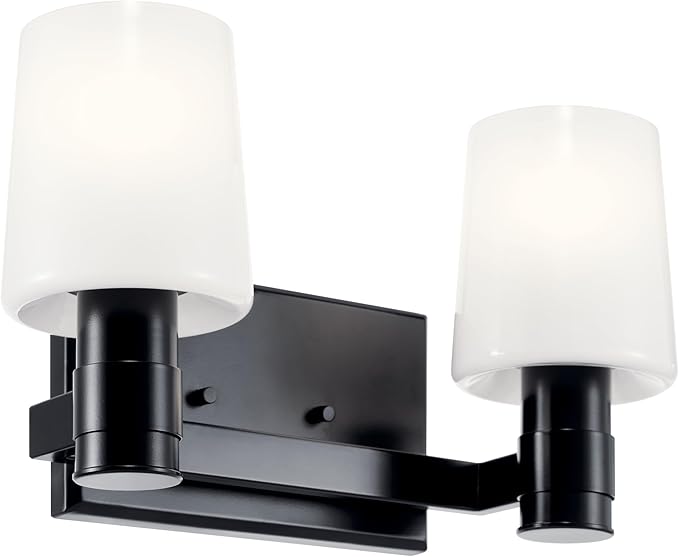 Kichler Adani 2-Light Bathroom Vanity Light Fixture with Opal Glass in Black, Modern Wall Mount Light for Powder Room or Bathroom Over Mirror (8.25" x 14.5"), 55175BK