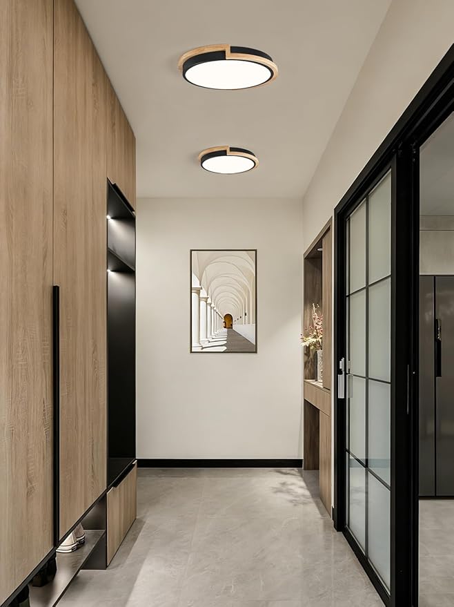 Modern Dimmable LED Flush Mount Ceiling Light Fixture,Round Close to Ceiling Lighting,Matte Black with Wood Accent,Minimalist Kitchen Light Fixtures for Bedroom,Entryway,Living Room,11.81in