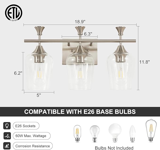 Bathroom Light Fixtures (3-Light, 19 Inch), Brushed Nickel Vanity Lights for Bathroom with Clear Wine Glass Glass Shade, Modern Vanity Wall Lights for Mirror Bedroom Living Room Kitchen Hallway Porch