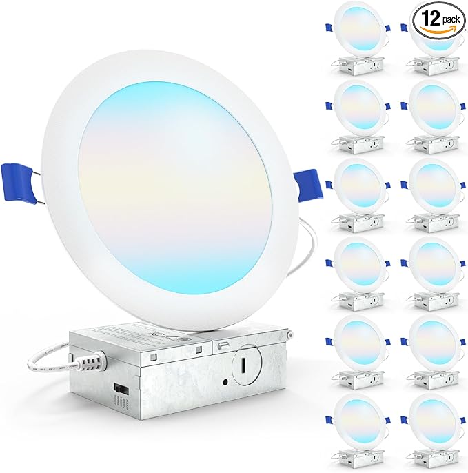 Sunco 12 Pack 6 Inch LED Recessed Light, Canless Ceiling Lights Slim with Junction Box, 1200 LM, 14W (100W Equivalent), Selectable CCT 2700K/3000K/4000K/5000K/6000K, Dimmable, Wafer Thin ETL