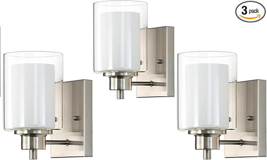 3 Pack Bath Vanity Light Fixtures 1-Light, Indoor Brushed Nickel Wall Light with Dual Glass Shade, Farmhouse Bathroom Wall Scone