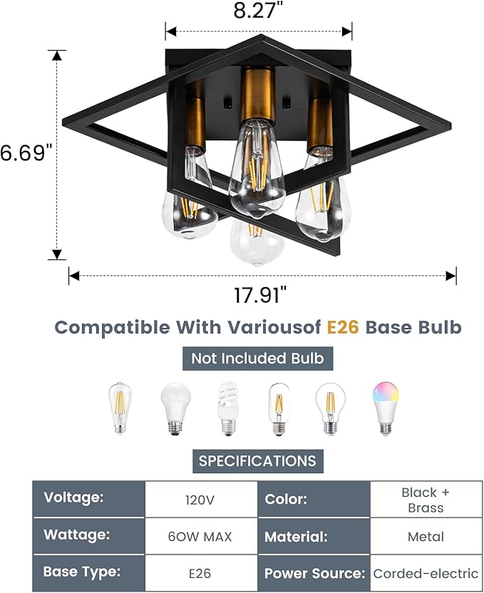 Semi Flush Mount Ceiling Light Fixture, 4 Light Industrial Ceiling Light,Black Frame & Gold Accent, Close to Ceiling Farmhouse Lighting for Kitchen, Bathroom, Bedroom, Hallway (E26,1-Pack)