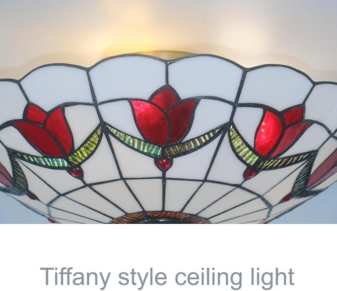 16 Inch Tiffany Style Stained Glass Ceiling Light Flush Mount Ceiling Light Vintage Chandeliers Pendent Light Fixtures (16 Inch Red)