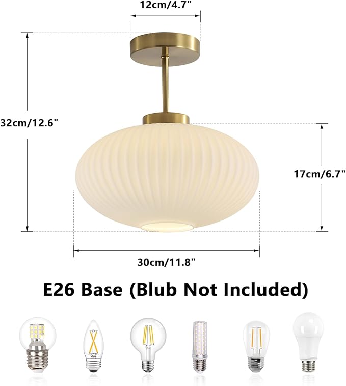 KCO Lighting 11.8‘’ White Ribbed Glass Semi Flush Mount Ceiling Light Large Milk Glass Ceiling Lights Fixture Brushed Gold Flush Mount Bathroom Light Mid Century Modern Entry Lights