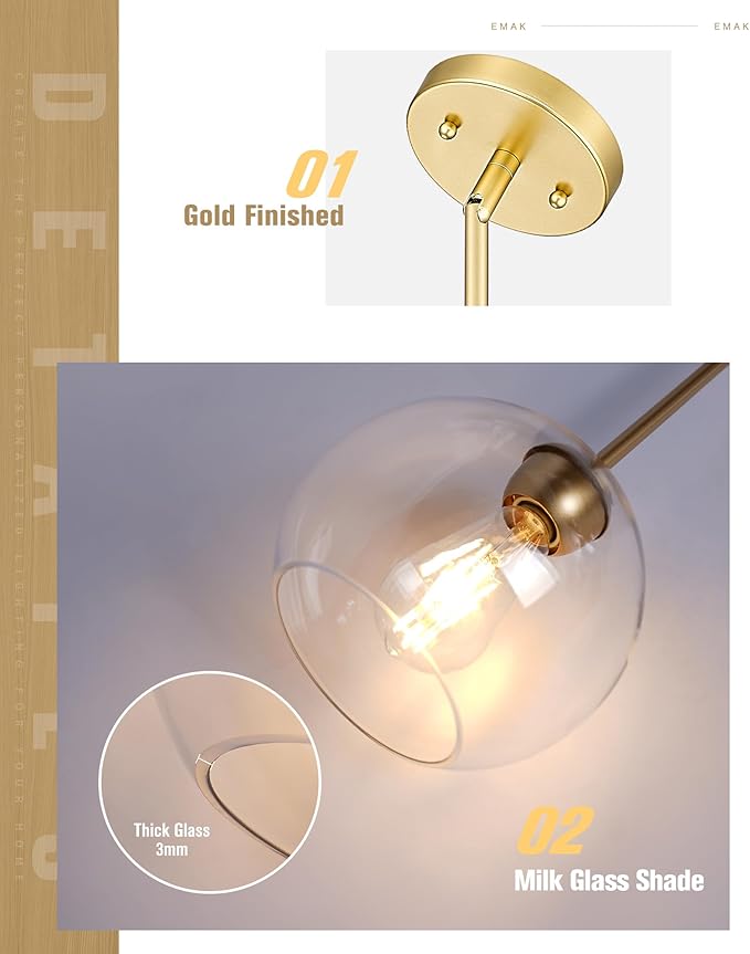 Emak 2 Pack Gold Pendant Light Fixtures, 8 Inch Globe Pendant Lights Kitchen Island with Clear Glass, Modern 1 Light Pendant Lighting for Kitchen, Bedroom, Bathroom, PL121-GD-2PK