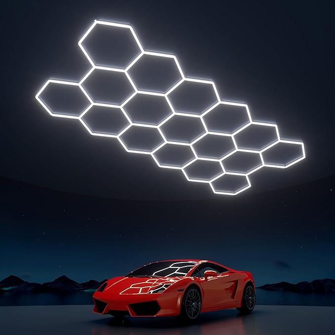 Hexagon Garage Lights: 476W 68 Pack 17 Grids LED Garage Lights - Easy Install 6500K Super Bright Honeycomb Light for Warehouse, Car Detailing Shop, Exhibition Hall, Gym