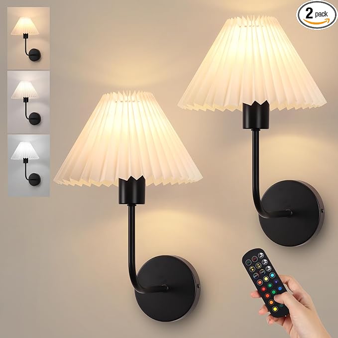 Rechargeable Battery Operated Wall Sconces Sets of 2, 15 Colors Wireless Wall Sconce, Black Wall Lights Fixture with Dimmable Bulbs and Remote, Not Hardwired Wall Mounted Lamps for Bedroom Living Room