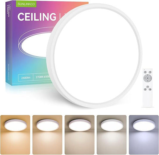 Flush Mount 12 Inch LED Ceiling Light Fixture, 24W Super Slim Ceiling Lamp with Remote, 2400LM Dimmable Brightness, 2700K-6500K Adjustable Color Temperature, for Bedroom Living Room Kitchen Office