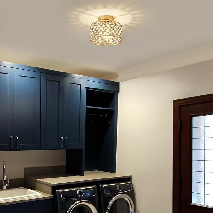 Gold Crystal Ceiling Light Fixture,Modern Semi Flush Mount Ceiling Lighting Fixture,Round Small Chandelier for Hallway, Entryway, Laundry Room, Kitchen, Bedroom, Foyer, Bathroom, 1 Light, 9 inch