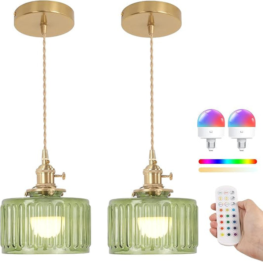 Shenmoyl Battery Operated Pendant Light 5000mAh Rechargeable Chandelier with Remote Control Wireless Adjustable Hanging Green Striped Light for Kitchen Island Dining Room Hallway, 2 Pack