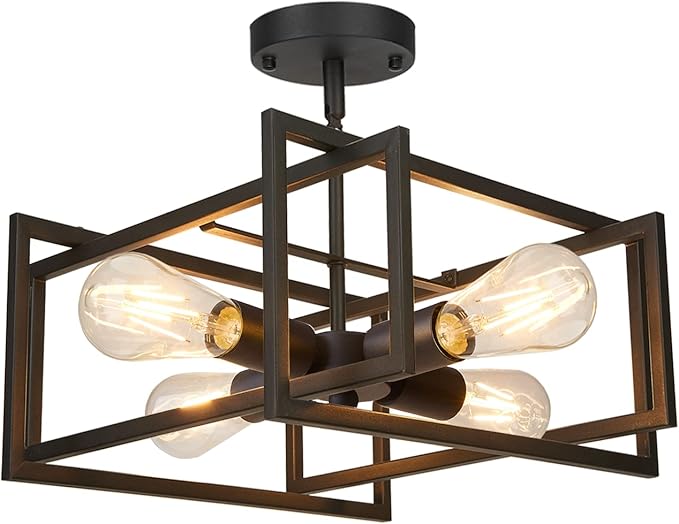 FadimiKoo Industrial 4-Light Semi Flush Mount Ceiling Light Fixture, Farmhouse Metal Black Close to Ceiling Lamp for Kitchen Island Bedroom Hallway, Modern Rectangle Frame