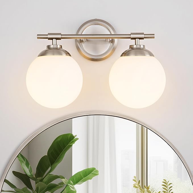 Rayogale Bathroom Light Fixtures, 2-Light Nickel Vanity Lights Over Mirror with White Glass Shade, 15 Inch Bathroom Wall Sconces for Bedroom Living Room (Bulbs Not Included)