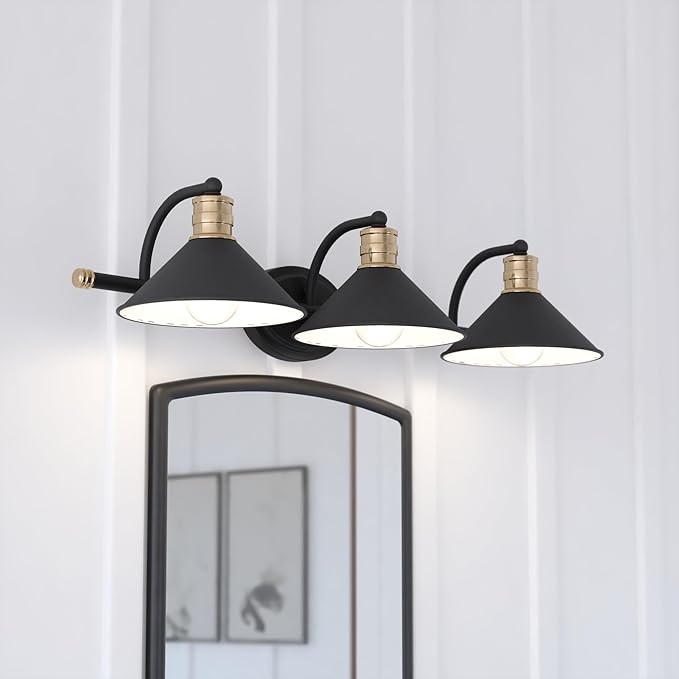 VAXCEL Akron 3-Light 28 inch Wide Matte Black and Natural Brass Industrial Bathroom Vanity Lighting Fixture, Metal Shade, Dimmable, LED Compatible, Over The Mirror Mounted Steel Wall Sconce