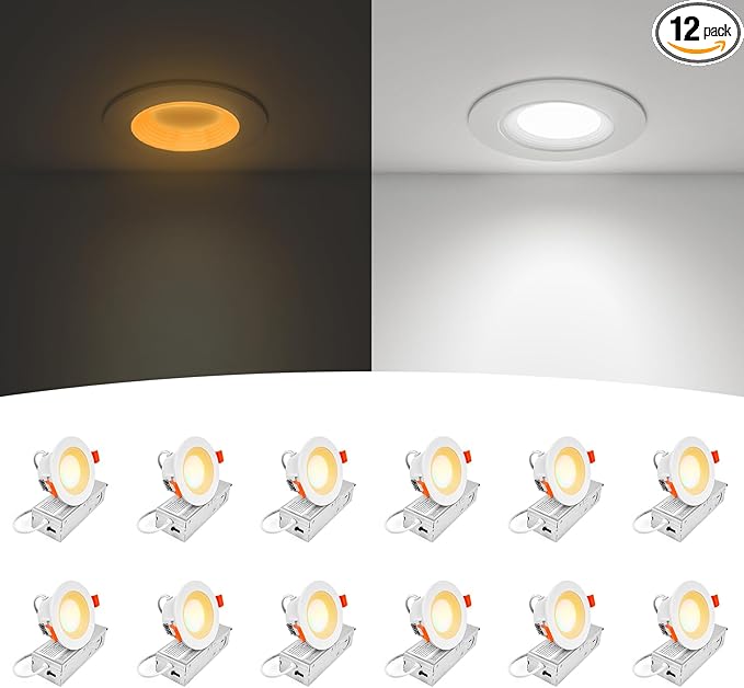 12-Pack 3 Inch Anti-Glare Recessed LED Lights with Night Light, Deep Baffle Downlight, Dimmable, 2700K-5000K 5CCT Selectable, with Junction Box, Canless, 680lm, ETL Listed, White