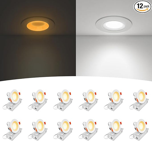 12-Pack 3 Inch Anti-Glare Recessed LED Lights with Night Light, Deep Baffle Downlight, Dimmable, 2700K-5000K 5CCT Selectable, with Junction Box, Canless, 680lm, ETL Listed, White