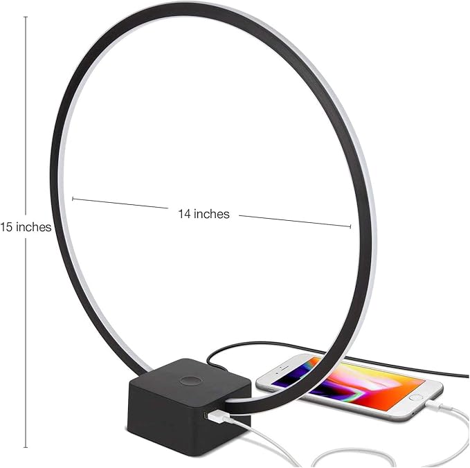Brightech Circle LED Nightstand Lamp with USB Port – Compact Bed Stand Lamp for Bedroom, Living Room - Modern Asian Table & Desk Lamp on Side & End Tables - Jet Black