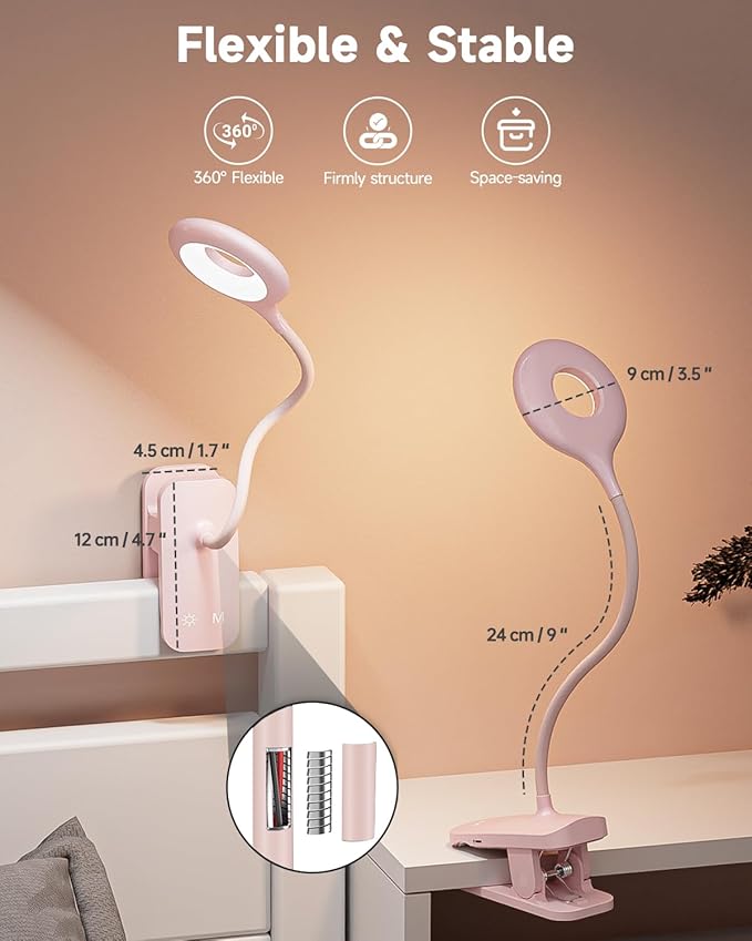 CUHIOY Rechargeable Clip on Reading Light for Bed, Battery Desk Lamp, 5 Color 5 Brightness & Touch Control Headboard Lamp, Large Clamp Lamp with Flexible Neck, Eye Protect LED Bedside Light, Pink