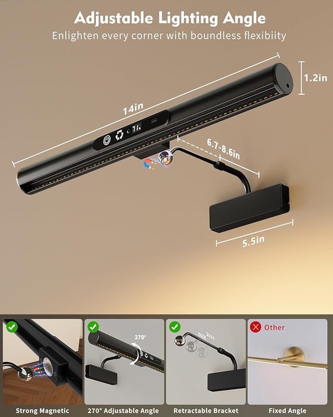 Skairipa Picture Light for Wall, 6000mAh Rechargeable Wireless Wall Lights, 13'' Dimmable Remote Magnetic LED Art Painting Light with 3 Color Temps, Display for Gallery, Living Room (Black, 2Pack)
