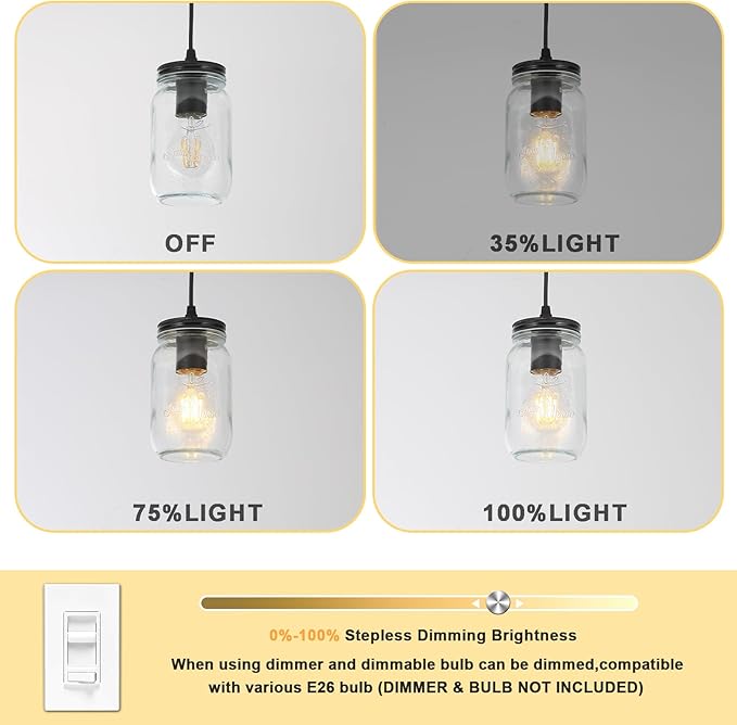 Glass Pendant Lights Kitchen Island, 1-Light Black Pendant Light Fixtures with Mason Jar Clear Glass Shade, Farmhouse Hanging Light for Kitchen Sink Dining Room Bedroom Hallway