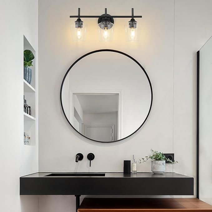 Bathroom Vanity Light Fixtures, 3-Lights Over Mirror Modern Vanity Lighting with Clear Wine Glass Shade Wall Lamp for Bedroom Hallway Living Room(Black, 3-Light)