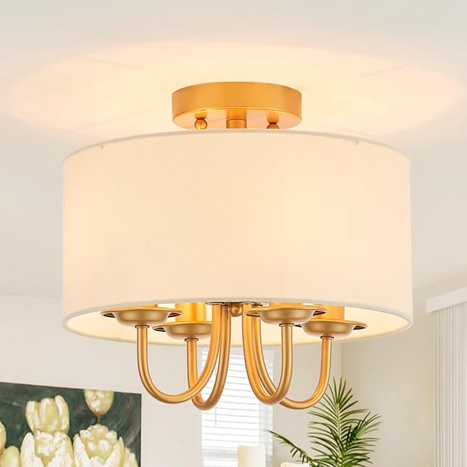 VILUXY Gold Semi-Flush Mount Ceiling Light Fixture with White Fabric Drum Shade Modern Farmhouse Linen 4 Lights Ceiling Lmaps for Bedroom, Dining Room, Corridor, Living Room