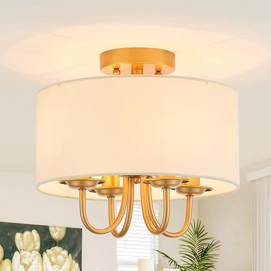 VILUXY Gold Semi-Flush Mount Ceiling Light Fixture with White Fabric Drum Shade Modern Farmhouse Linen 4 Lights Ceiling Lmaps for Bedroom, Dining Room, Corridor, Living Room