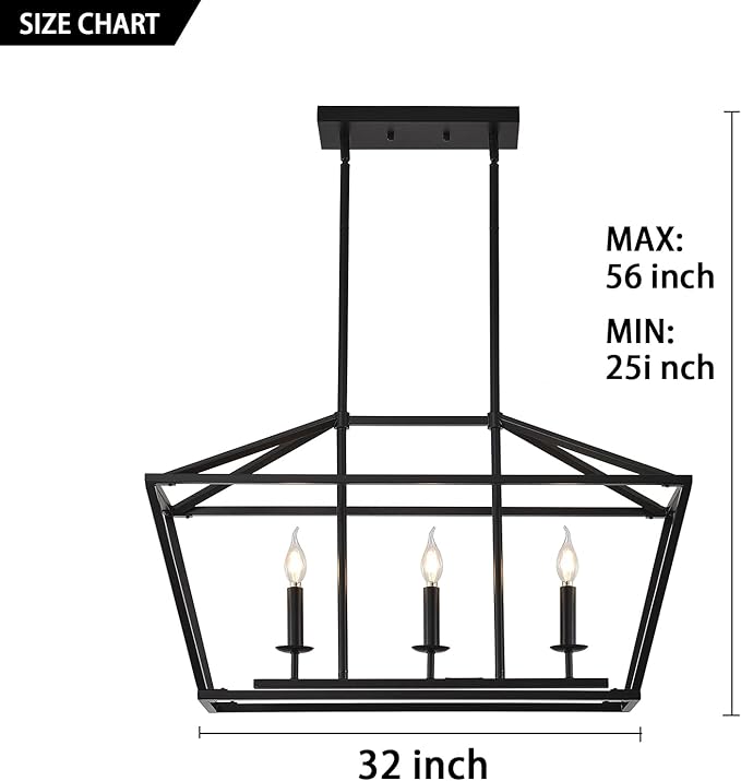 XILICON Dining Room Light Fixtures Over Table, 3-Light Black Farmhouse Chandelier Light Fixture Black Industrial Linear Pendant Lights Kitchen Island Candle Lantern Chandelier
