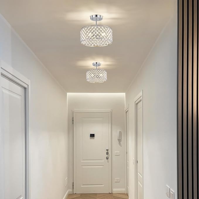 Chrome Crystal Ceiling Light Fixture,Modern Semi Flush Mount Ceiling Lighting Fixture,Round Small Chandelier for Dining Room, Hallway, Entryway, Kitchen, Bedroom,Foyer,3 Light,12 inch